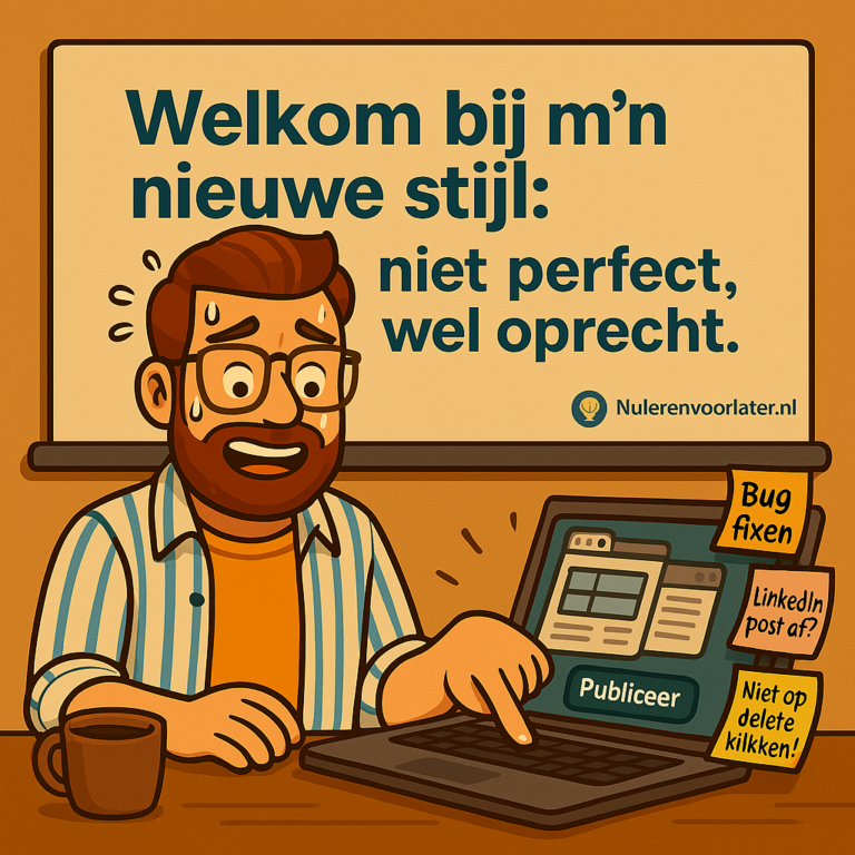 Illustratie van een man achter een laptop die zenuwachtig op de knop “Publiceer” wil drukken, met post-its en een bord op de achtergrond met de tekst: “Welkom bij m’n nieuwe stijl: niet perfect, wel oprecht.”